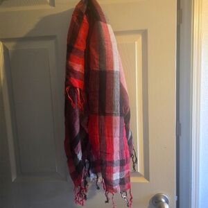 Red black white checkered scarf with fringe